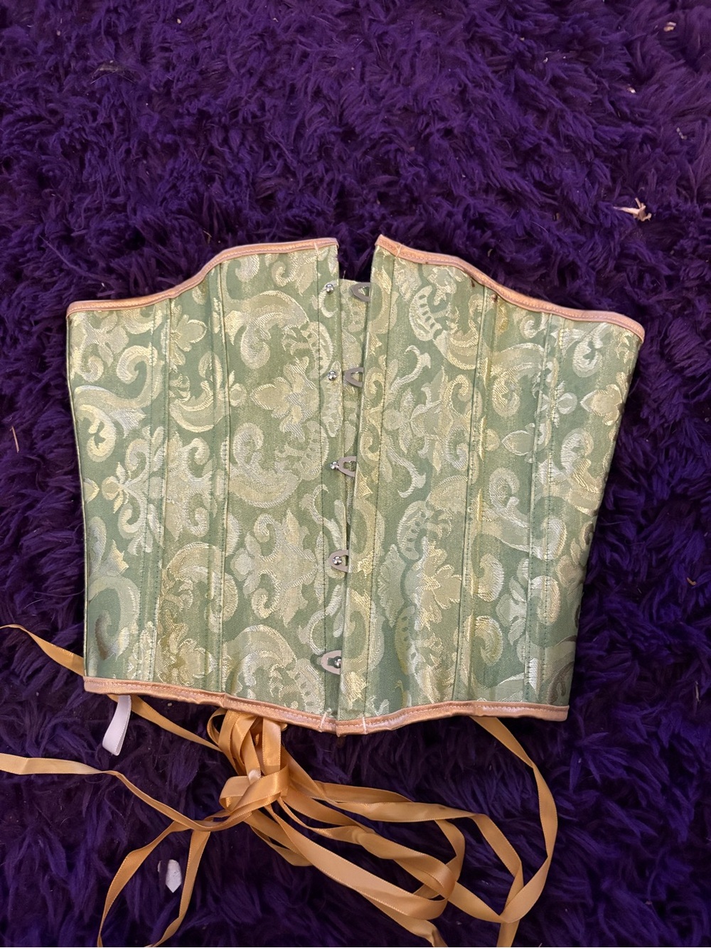 Green Brocade Waist Corset with Gold Ties